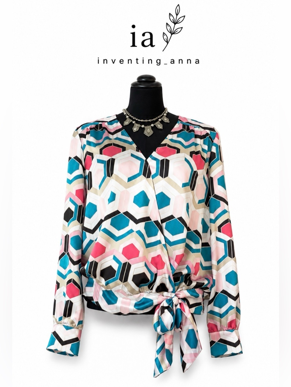 INC International Concepts Geometric Wrap Tie Blouse Pink Blue Black M